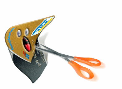 Scissors flying toward a scared credit card.